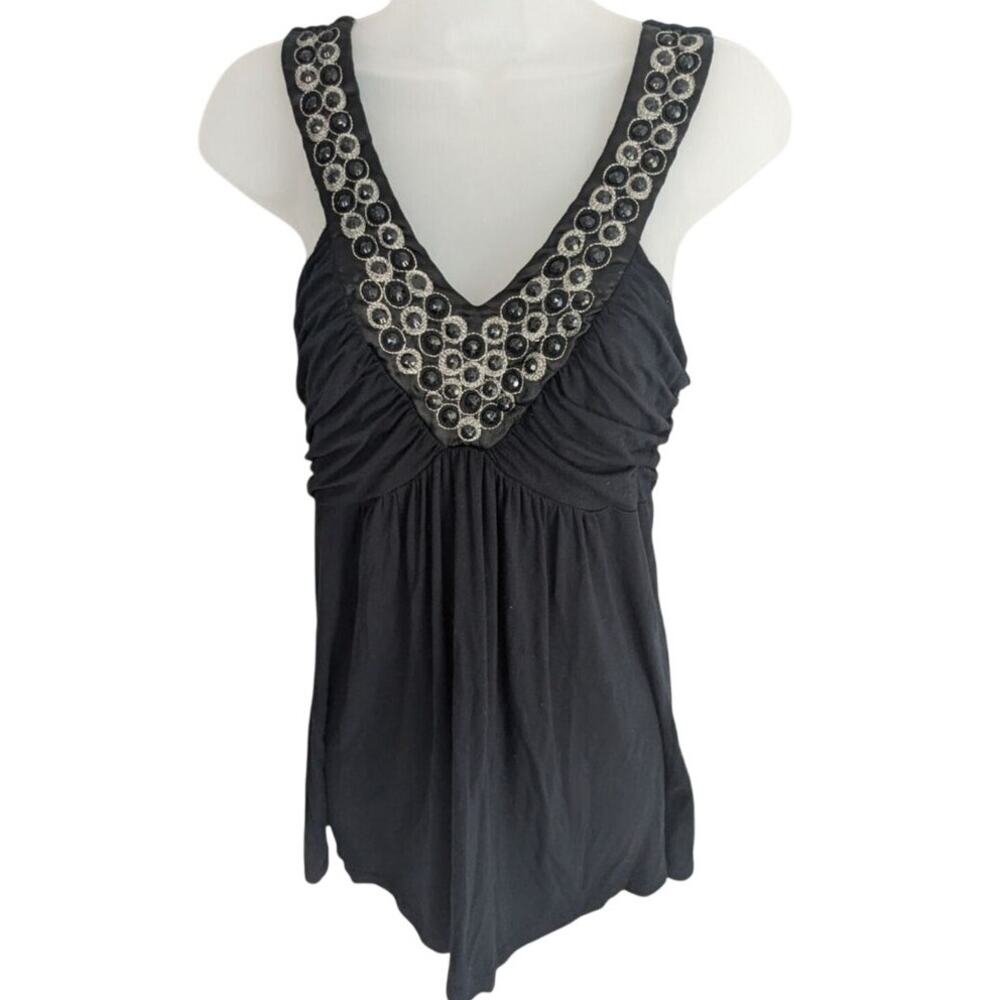 NEW Soprano Black Jeweled VNeck Beaded Sleeveless Blouse SMALL Empire